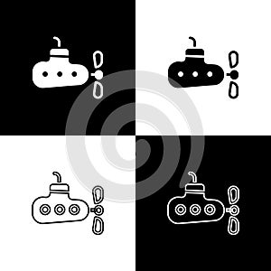 Set Submarine icon isolated on black and white background. Military ship. Vector