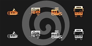 Set Submarine, Rv Camping trailer, TV News car and Bus icon. Vector