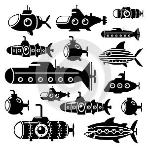 Set of submarine vector sea pigboat or marine sailboat underwater and ship transport in deep ocean illustration nautical