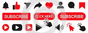 Set subscribe button icons: cursor, bell, like, comment, share sign for channel, blog, social media. Subscribe icon shape