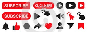 Set subscribe button icons: cursor, bell, like, comment, share sign for channel, blog, social media. Subscribe icon shape sign