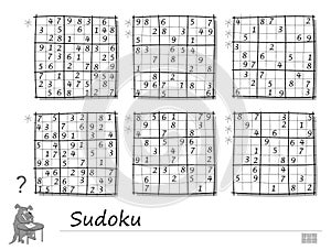Set of Sudoku puzzles. 3 difficulty levels. Logic game for children and adults. Printable page for kids brain teaser book.