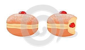 Set of sufganiyah jelly donuts with powdered sugar topping, with missing bite and berry jam filling. Vector illustration.