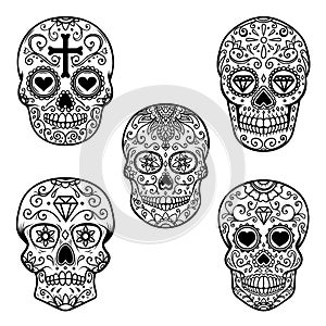 Set of sugar skull isolated on white background. Day of the dead. Dia de los muertos. Design element for poster, card, banner, pri