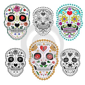 Set of sugar skulls illustrations. Design elements for poster, postcard, banner, print. Vector illustration