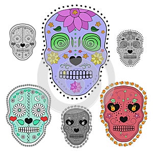 Set of sugar skulls illustrations. Design elements for poster, postcard, flyer, banner, print. Vector illustration