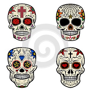 Set of Sugar skulls isolated on white background. Day of the dead