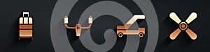 Set Suitcase, Aircraft steering helm, Passenger ladder for plane boarding and Plane propeller icon with long shadow