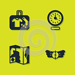 Set Suitcase, Aviation emblem, World travel map and Clock icon. Vector