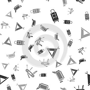 Set Suitcase, Cinema camera, Tourist tent and Swiss army knife on seamless pattern. Vector