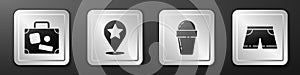 Set Suitcase, Map pointer with star, Ice cream in waffle cone and Swimming trunks icon. Silver square button. Vector