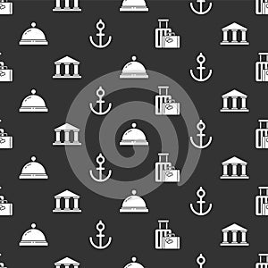 Set Suitcase, Museum building, Hotel service bell and Anchor on seamless pattern. Vector