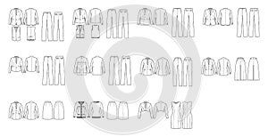 Set of Suits - classic Pants, jackets, blazers, dresses, vests technical fashion illustration with two - three pieces