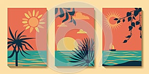 Set of summer abstract modern landscape poster, sea view background