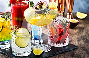 Set of summer alcoholic cocktails, popular bright refreshing alcohol drinks and beverages
