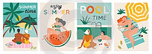 Set of a summer background. Summer swimming, swimming, diving in a huge watermelon. Couple relaxing at the beach