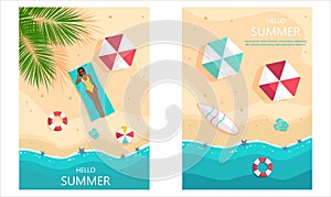 Set summer backgrounds. Couple sunbathing top view. A man and an African American woman are sunbathing on a beach. Beach time