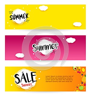 Set summer banner. Bright background with summer fruits. Summer Sale, end of season.