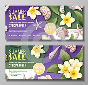 Set of summer banners with plumeria and seashells. Discount coupon, special summer offer. Background, banner with
