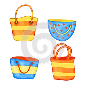 Set of summer beach bags in cute cartoon style. Vector illustration isolated on white background