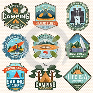 Set of Summer camp badges, patches. Vector. Concept for shirt or logo, print, stamp, patch. Design with camping tent