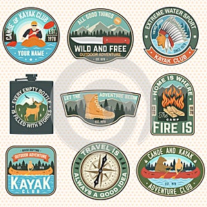 Set of Summer camp badges, patches. Vector. Concept for shirt or logo, print, stamp, patch or tee. Design with campfire