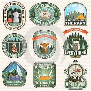 Set of Summer camp badges, patches. Vector illustration. Concept for shirt or logo, print, stamp, patch or tee. Design