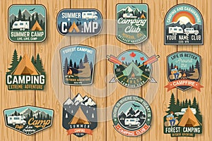 Set of Summer camp badges on the wood board. Vector.