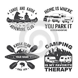 Set of Summer camp, canoe and kayak club badge. Vector. Concept for shirt or logo, print, stamp, patch. Vintage