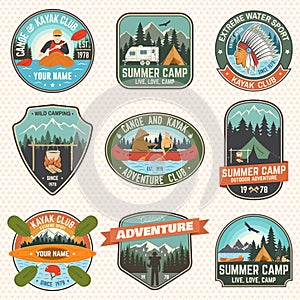 Set of summer camp, canoe and kayak club badges. Vector. Concept for patch. Retro design with camping, mountain, river