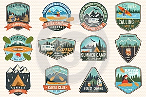 Set of summer camp, canoe and kayak club badges. Vector. Concept for patch. Retro design with camping, mountain, river