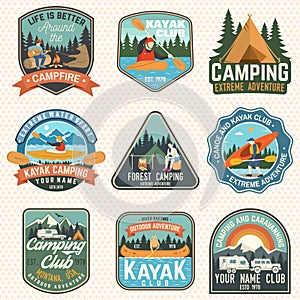 Set of summer camp, canoe and kayak club badges. Vector. Concept for patch. Retro design with camping, mountain, river