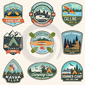 Set of summer camp, canoe and kayak club badges. Vector. Concept for patch. Retro design with camping, mountain, river