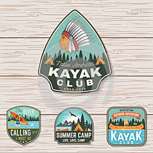 Set of summer camp, canoe and kayak club badges. Vector. Concept for patch. Retro design with camping, mountain, river