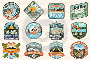 Set of summer camp, canoe and kayak club badges. Vector. Concept for patch. Retro design with camping, mountain, river