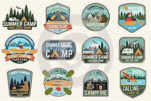 Set of summer camp, canoe and kayak club badges. Vector. For patch. Design with camping, mountain, river, american