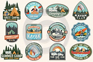 Set of summer camp, canoe and kayak club badges. Vector. For patch. Design with camping, mountain, river, american