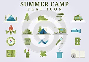 set of Summer camp flat icon illustration design
