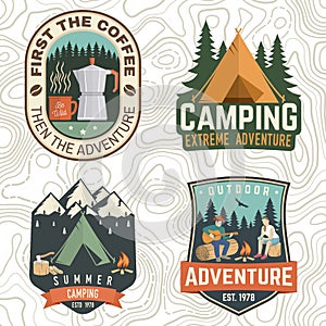 Set of Summer camp patches. Vector. Concept print, stamp, apparel or tee. Vintage design with coffee maker, campin tent photo