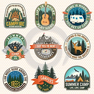 Set of Summer camp patches. Vector. Concept for shirt or logo, print, stamp, patch or tee. Stickers with guitar, rv