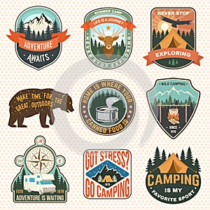 Set of Summer camp patches. Vector. Concept for shirt or logo, print, stamp, patch or tee. Stickers with trailer camper