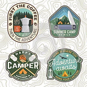 Set of Summer camp patches. Vector. Concept for shirt, stamp, apparel or tee. Vintage design with lantern, pocket knife