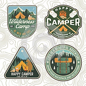 Set of Summer camp patches. Vector. Concept for shirt, stamp, apparel or tee. Vintage design with lantern, pocket knife photo