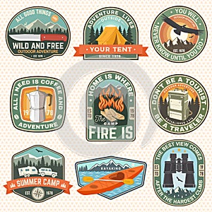 Set of Summer camp patches. Vector illustration. Concept for shirt or logo, print, stamp, badges or tee. Design with