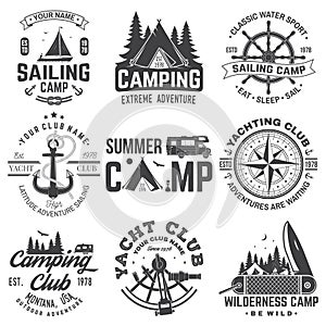 Set of Summer camp and sailing badges. Vector. Concept for shirt or print, stamp. Vintage typography design with trailer