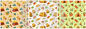 Set of Summer Camp Seamless Pattern Design of Camping and Traveling Element in Template Hand Drawn Cartoon Flat Illustration