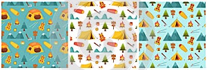 Set of Summer Camp Seamless Pattern Design of Camping and Traveling Element in Template Hand Drawn Cartoon Flat Illustration