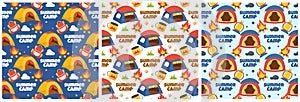 Set of Summer Camp Seamless Pattern Design of Camping and Traveling Element in Template Hand Drawn Cartoon Flat Illustration