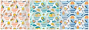 Set of Summer Camp Seamless Pattern Design of Camping and Traveling Element in Template Hand Drawn Cartoon Flat Illustration