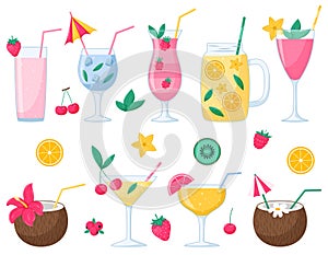 A set of summer cocktails with fruits and berries. Cold refreshing drinks. Bright summer vector illustrations in a flat cartoon